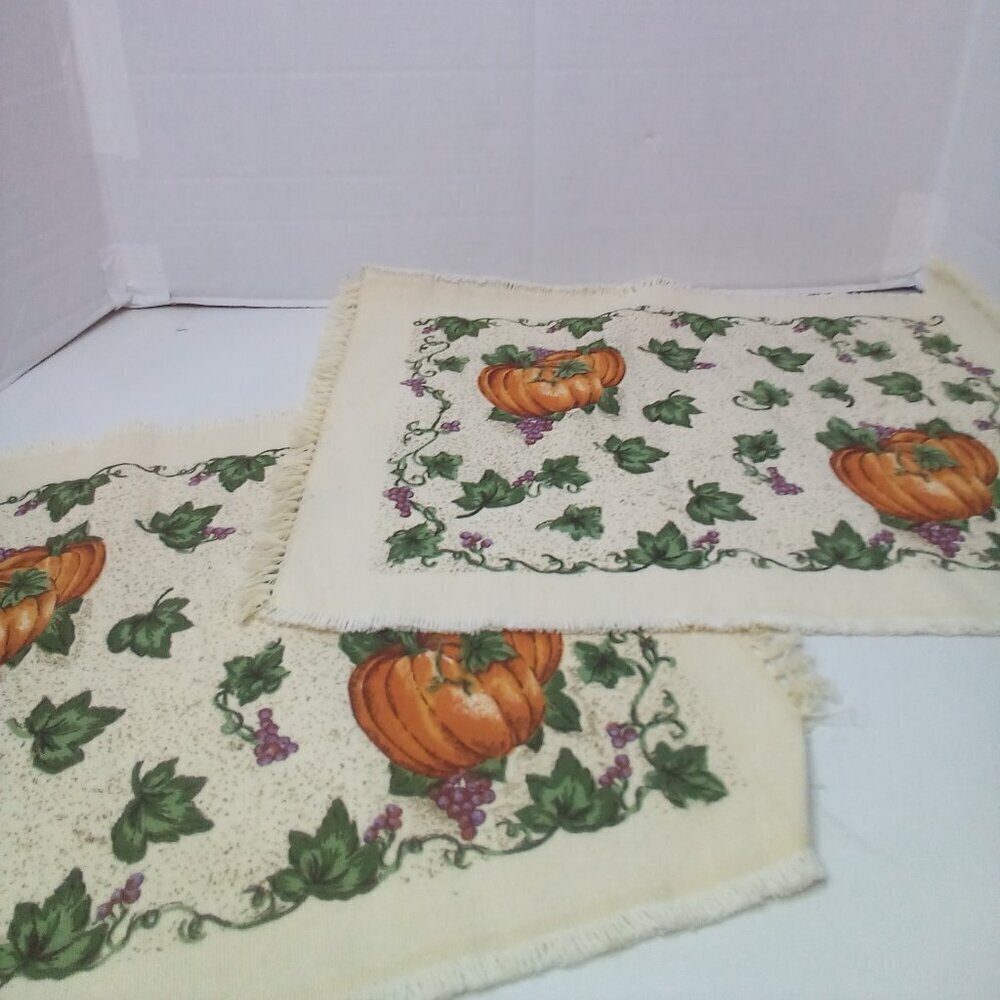 Lot of 2 Placemats Fall Pumpkins Autumn Canvas Raw Trim